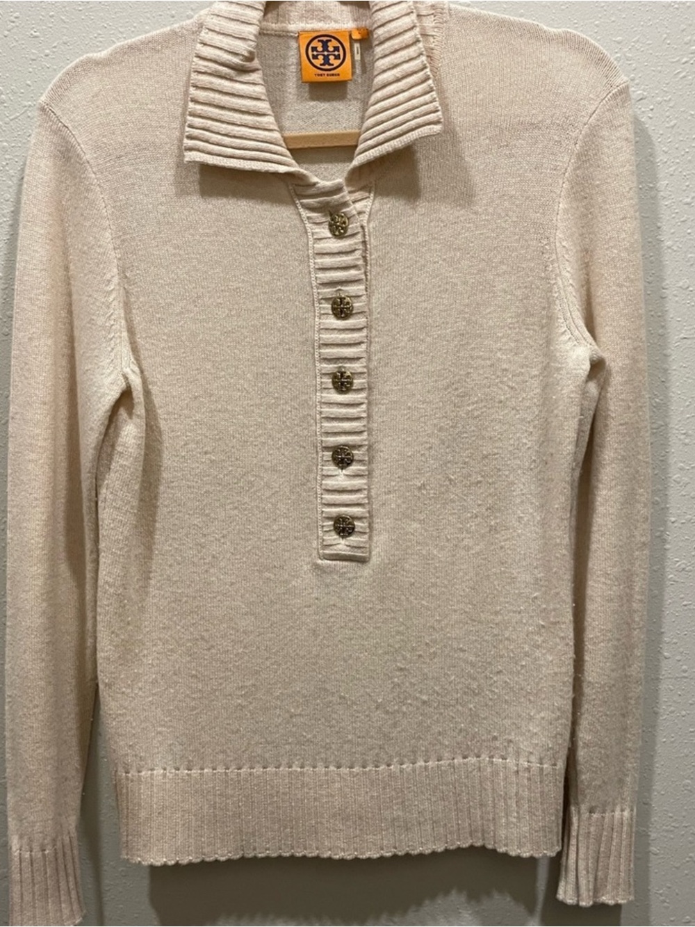 Tory Burch Cream Button-Front Ribbed Collar Sweater